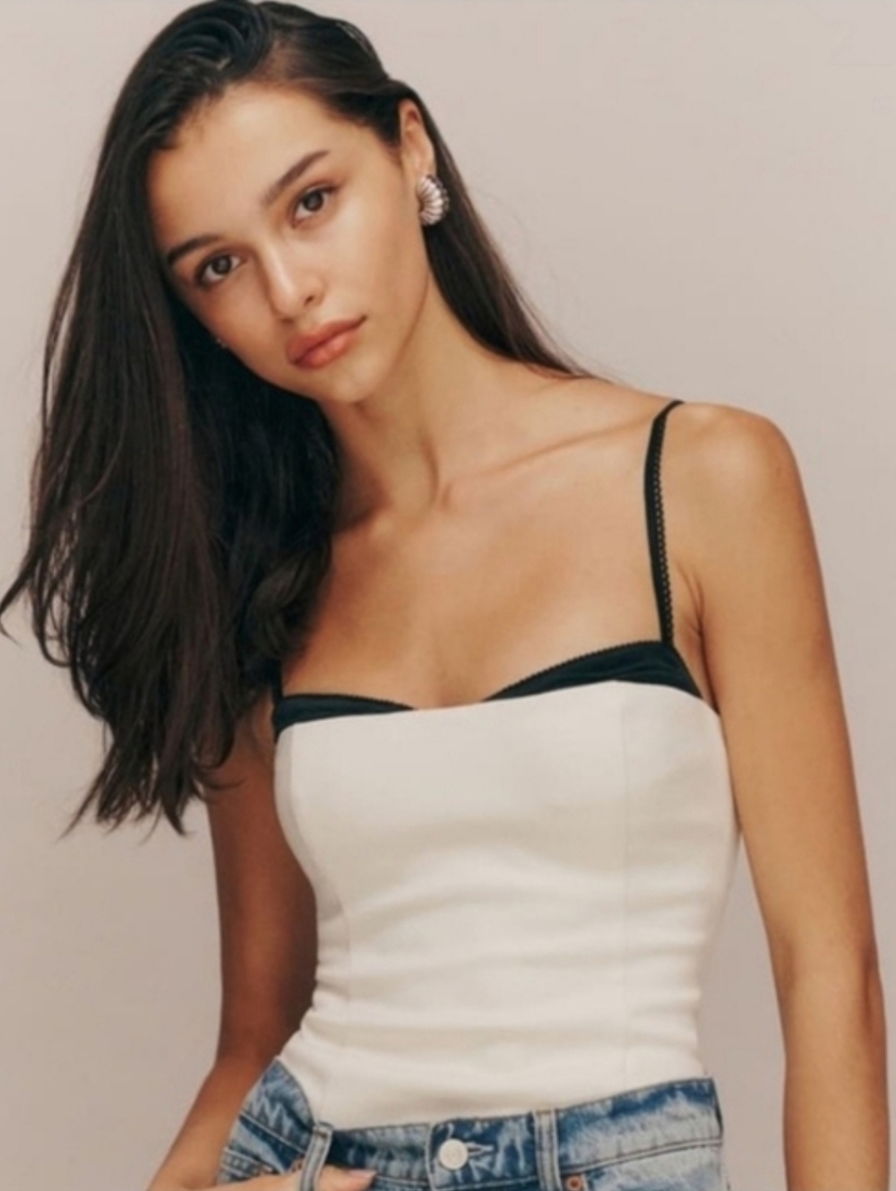 White Cropped Camisole with Black Trim Loft Reformation Size 2P